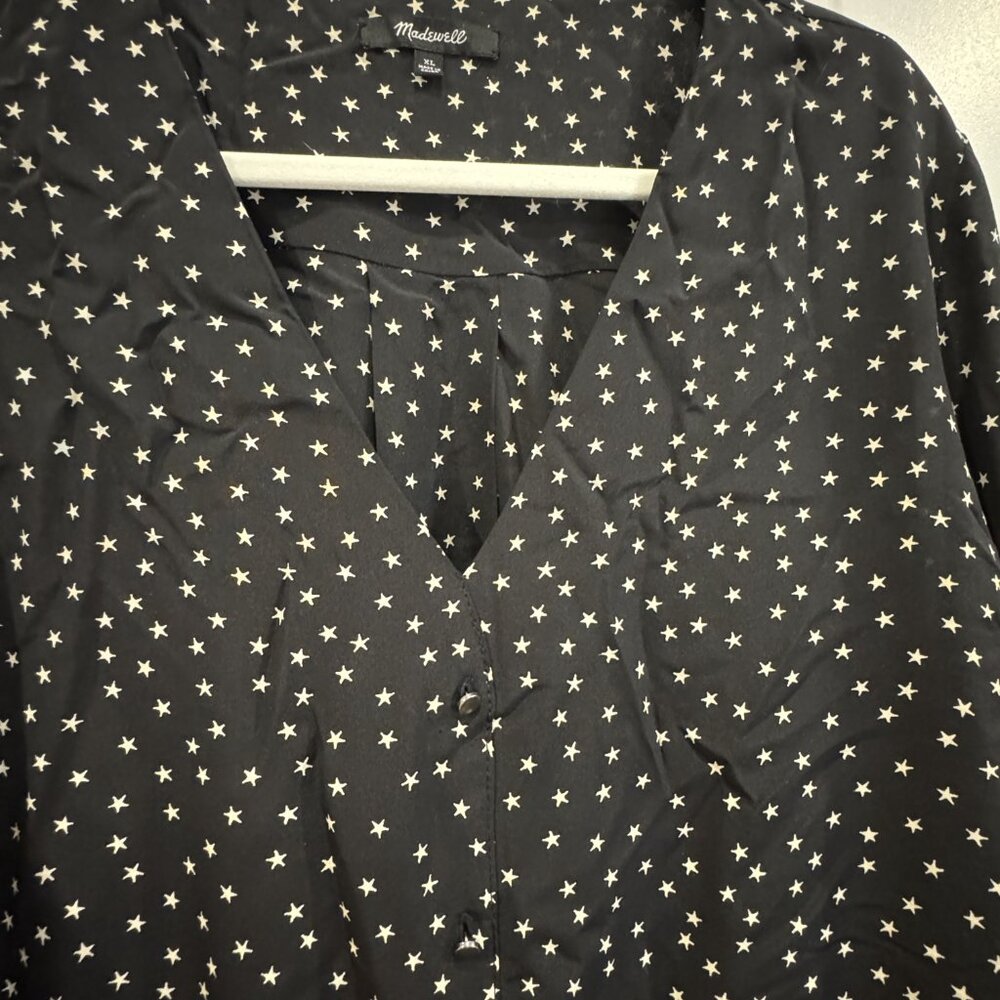 Madewell 100% Silk Star Scatter Black & White Star Blouse Tie Sleeves XL EUC